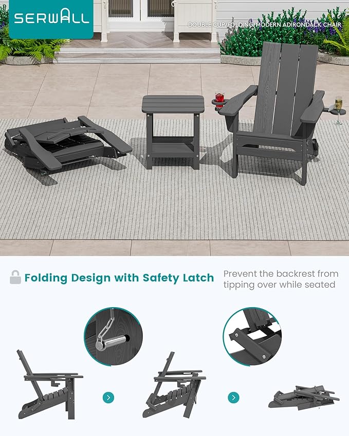 SERWALL Outdoor HDPE Modern Adirondack Chair，Folding Adirondack Chair with Cup Holders, All Weather Resistant Fire Pit Chair, Gray
