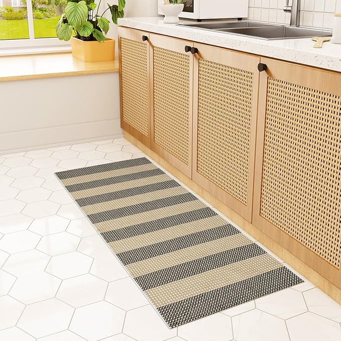 Striped Outdoor Front Door Mat 24"x51", Cotton Hand Woven Rug Indoor Doormat Washable Black and Tan Rug Runner, Foldable Front Door Rugs for Entryway/Farmhouse/Home Entrance