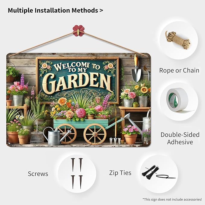 Gardening Gifts Gardening Signs" Welcome To My Garden" Mental Sign Decor for Greenhouse Backyard Vintage Garden Wall Art for Living Room Bedroom Yard Cottage Outdoor Decor, 8x12inch