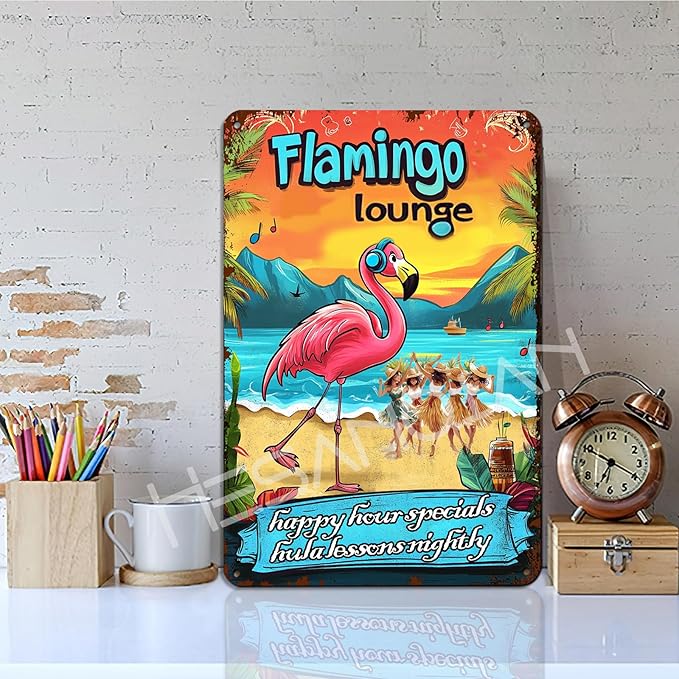 Flamingo Lounge Tropical Bar Sign - Hawaiian Beach Party Decor,Funny Pub Sign for Home, Poolside or Party Wall Art 8x12 Inch