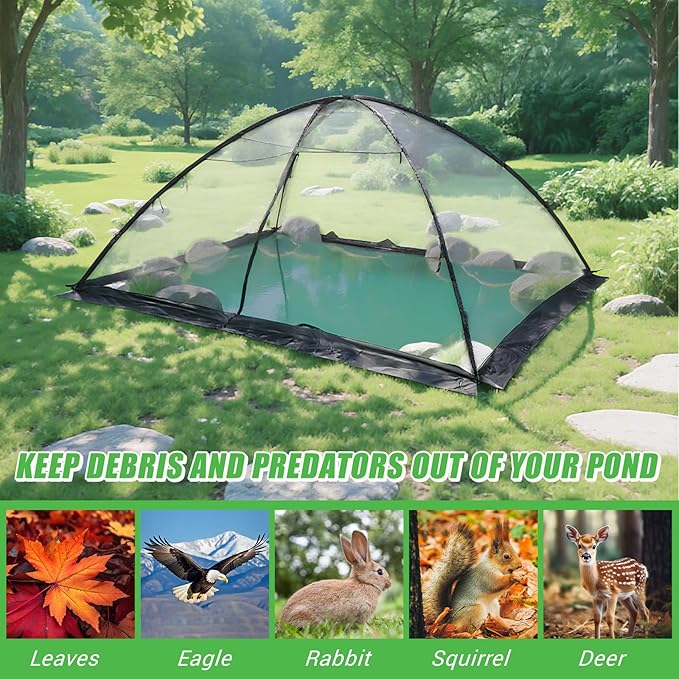 Pond Cover Dome Net 11x16 ft Netting Pond Covering Tent with Zipper Storage Straps, Fiberglass Poles, Ground Nails, Tie Ropes for Outdoor Garden Fish Pool Protection from Leaves Animals
