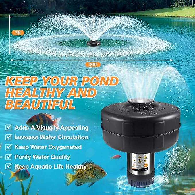 Pond Fountain Aerator, 1HP 16000 GPH 750W 110V/120V Stainless Steel Floating Fountain Pump With 100ft Power Cord & Rope & Timer for Small Large Outdoor Ponds & Lakes