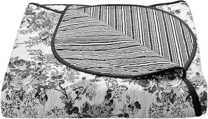 Wonderful 100% Cotton Black Floral Quilt Set Queen Size Bedding Sets with Pillow Shams and Bed Skirt, 4 Pieces Floral Bedspread Coverlet Set, Quilted Blanket Bed Cover for All Season, 88"x90"