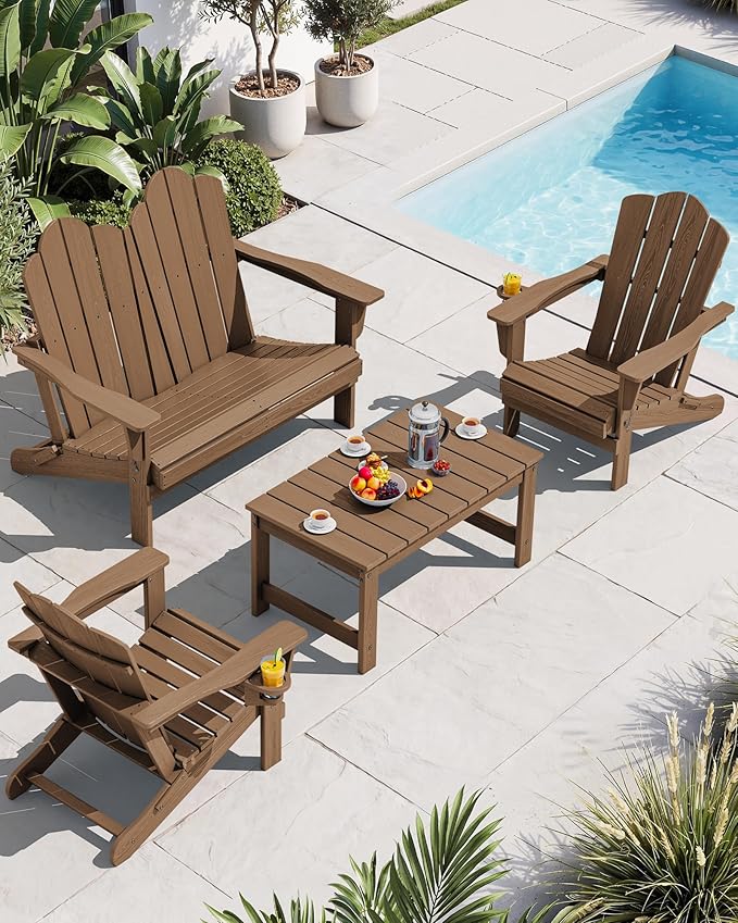 SERWALL 4 Pieces HDPE Patio Adirondack Chair Set, 2 Adirondack Chair with Cup Holder & 1 Adirondack Bench & 1 Coffee Table with Umbrella Hole, Brown