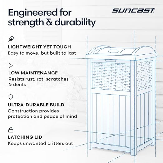 Suncast 33 Gallon Commercial Outdoor Trashcan Hideaway with Lid for 30 to 33 Gallon Trash Bags for Garage, Backyard, or Garden, Brown