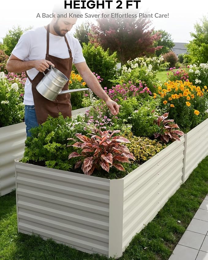 2PCS 0.5mm 6x3x2ft Galvanized Raised Garden Bed Outdoor,Rust-Resistant Raised Garden Beds for Gardening, Easy Assembly Outdoor Garden Box & Planters, Beige