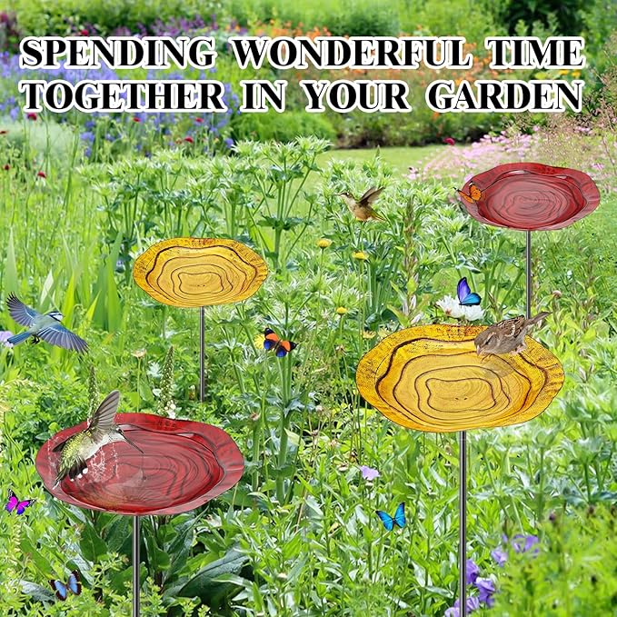 2Pcs Metal Bird Baths for Outside, Hummingbird Small Birdbath Bowl for Outdoors with Metal Stake, Bird Feeder for Garden Yard Lawn Decor (2P-Red&Yellow)