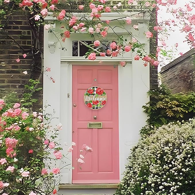 Deroro Welcome Spring Summer Geranium Flower Front Door Sign, Red Floral Buffalo Plaid Check Wood Door Hanger Outdoor Outside Porch Decor, Farmhouse Rustic Wooden Wreath Indoor Wall Hanging Decoration