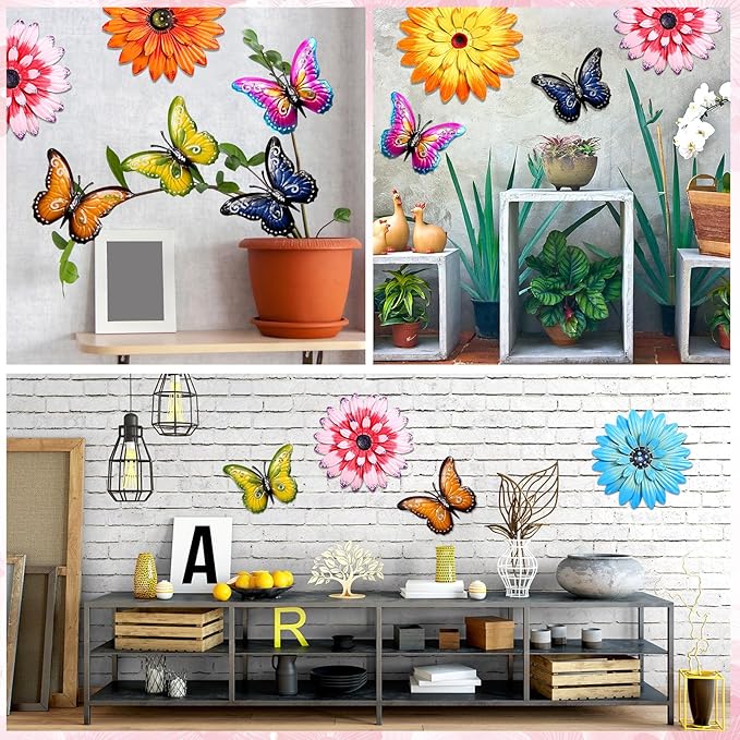Gisafai 10 Pack Metal Flowers Wall Art Decor Outdoor, 3D 6 Pcs Daisy Flowers 4 Pcs Butterfly Metal Wall Art Fence Hanging for Fence, Patio, Garden, Backyard, Lawn, Balcony(Classic)