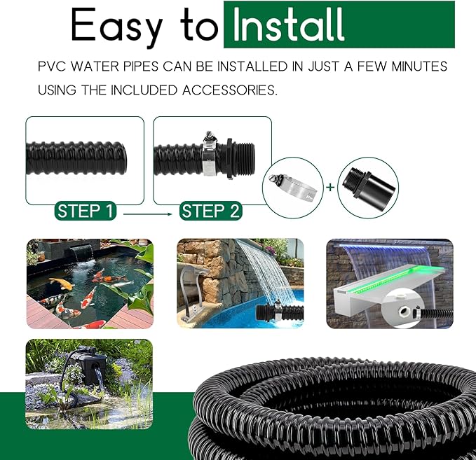 LONGRUN Pond Tubing 1.25 Inch 1-1/4'' Diameter, 23.6 Feet Long Corrugated Flexible Hose Pipe, Pool PVC Tube for Garden Ponds Waterfalls Camping Caravans Filters Drainage Marine