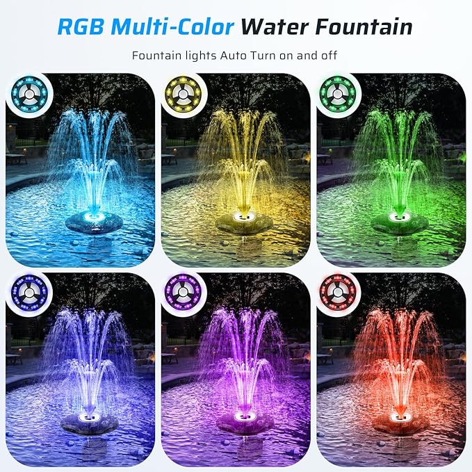 Anfraer Floating Pond Fountain with LED Lights, 660GPH RGB Floating Fountain with 3 Spray Modes, Pond Pump with 27FT Power Cord & 65.6FT Mooring Line for Pond Garden Fish Tank