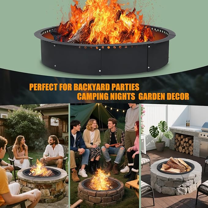 Smokeless Fire Pit Ring for Outside, 36 Inch Heavy Duty Metal Insert with Air Vents for Better Burn, Outdoor Firepit Ring for Backyard, Patio, Camping, Smokeless Wood Burning Use