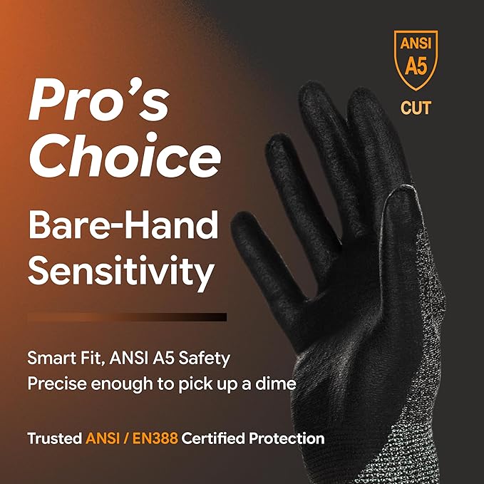 DEX FIT Level 5 Cut Resistant Gloves Cru553, 3D-Comfort Stretchy Fit, Power Grip, Professional Grade, Thin, Touch-Screen Compatible, Durable, Machine Washable; Black Gray XXL (11) 1 Pair