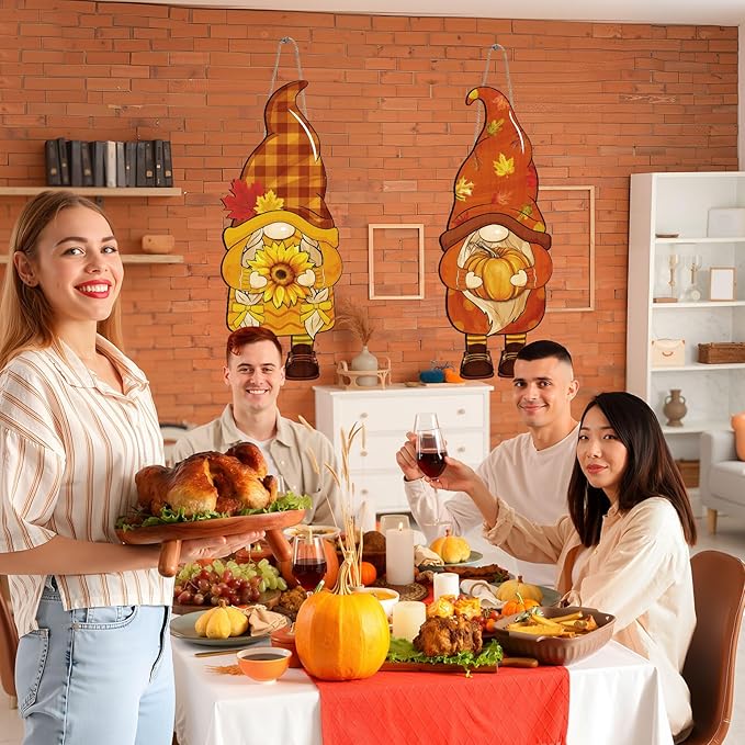 Thyle 2 Pcs Wooden Thanksgiving Gnome Sign 27 x 10 Inch Fall Hanging Gnome Front Door Decor Pumpkin Sunflower Welcome Sign for Fall Outdoor Indoor Front Porch Harvest Home Farmhouse Wall Supplies