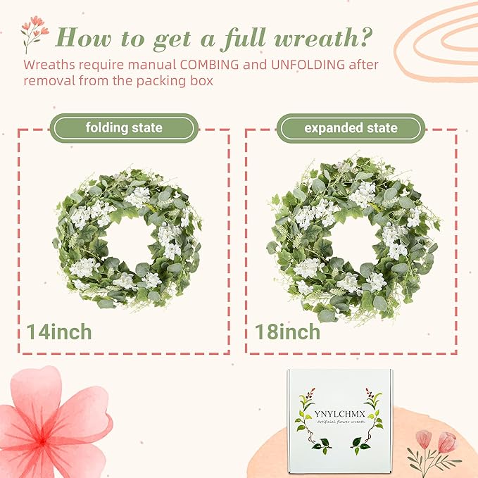 YNYLCHMX 18" Spring Summer Wreaths for Front Door, Artificial Wreath with White Flowers Grapevines Green Eucalyptus Leaves, Green Foliage Wreath for Wall Window Farmhouse Party Holiday Home Decor