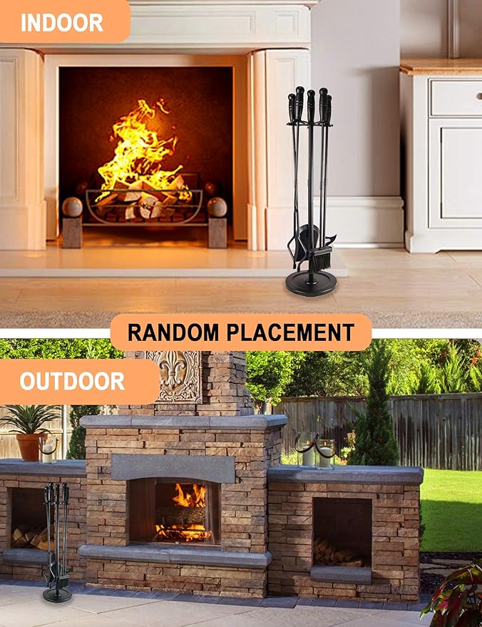 Tomersun Fireplace Tools 5 Pcs 31.5In Fireplace Tool Set Indoor Fireside Accessories Large Fire Place Tools Set Outdoor Fireplace Kit with Poker Shovel Tongs Brush, Stand