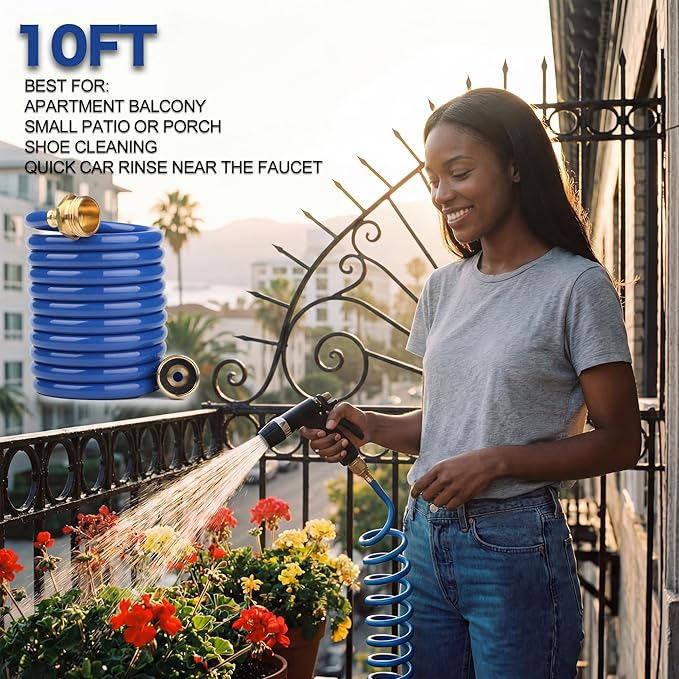 EVA Coil Garden Hose for Gardener: Retractable Self Coiling Hoses with 3/4" GHT Solid Brass Fittings - Kink Free and Flexible for Home and Garden Yard (10FT, Blue)