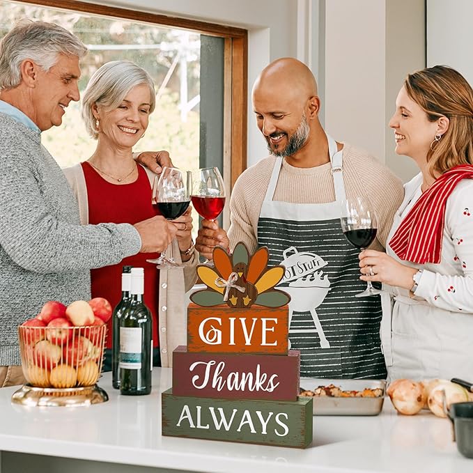 4 Pcs Thanksgiving Turkey Table Decor Wooden Turkey Sign Block Rustic Fall Tiered Tray Decor Farmhouse Autumn Centerpiece Thanksgiving Decorations for Home Office Desk Holiday Harvest Gifts