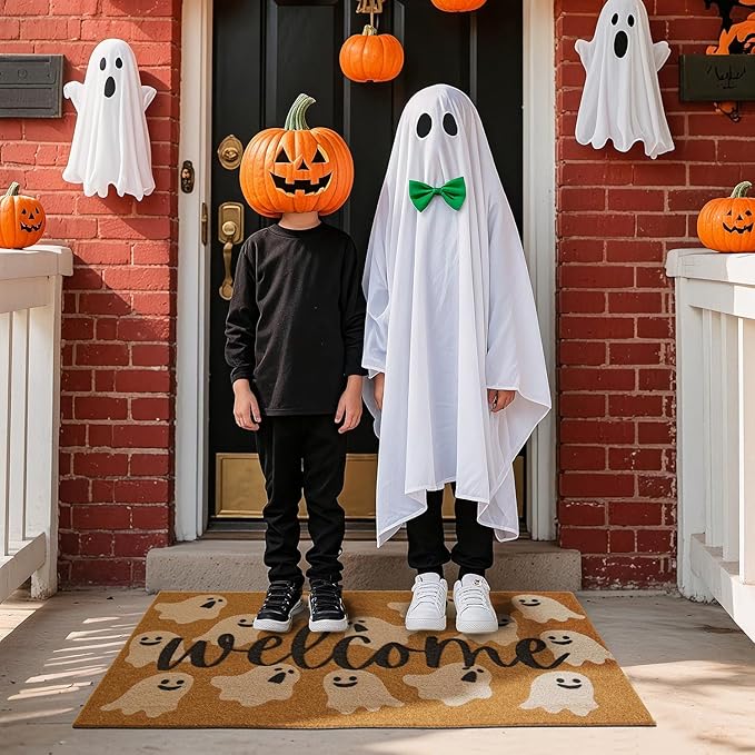 Halloween Door Mat Spooky Ghost Welcome Mat for Front Door Outdoor Entrance Doormat Coir Dirt Trapper with Non Slip Backing, 17x30, Welcome Ghost