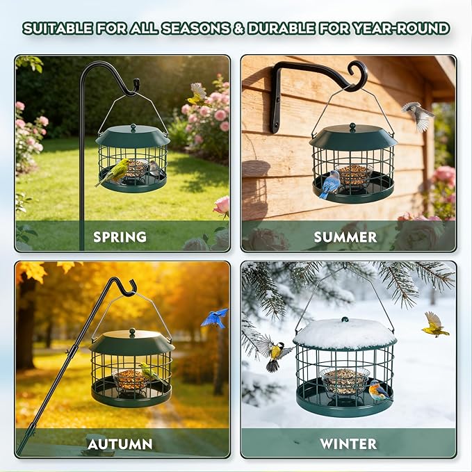 Caged Bluebird Feeder for Mealworms with Glass Bowl, Squirrel Proof Bird Feeder for Small Birds Only, Detachable Hook, Large Space, Outdoors Weatherproof, Metal, Green