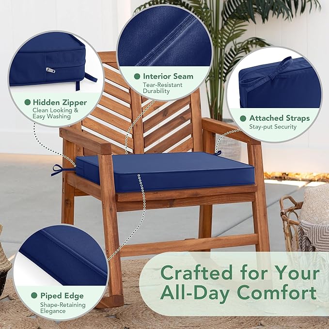 Outdoor Chair Cushions Set of 4: Waterproof & Color Fastness Seat Cushion for Patio Furniture - 22 x 22 x 3 Inch Chair Pads with Ties and Hidden Zipper - Patio Chair Cushion Replacement, Navy