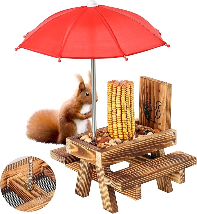 Squirrel Feeder for Outside with Umbrella, Carbonized Wood Squirrel Picnic Table Feeder with Corn Cob Holder & Peanut Tray, Durable Picnic Table for Squirrel and Chipmunk, New Premium Gift (Brown-red)