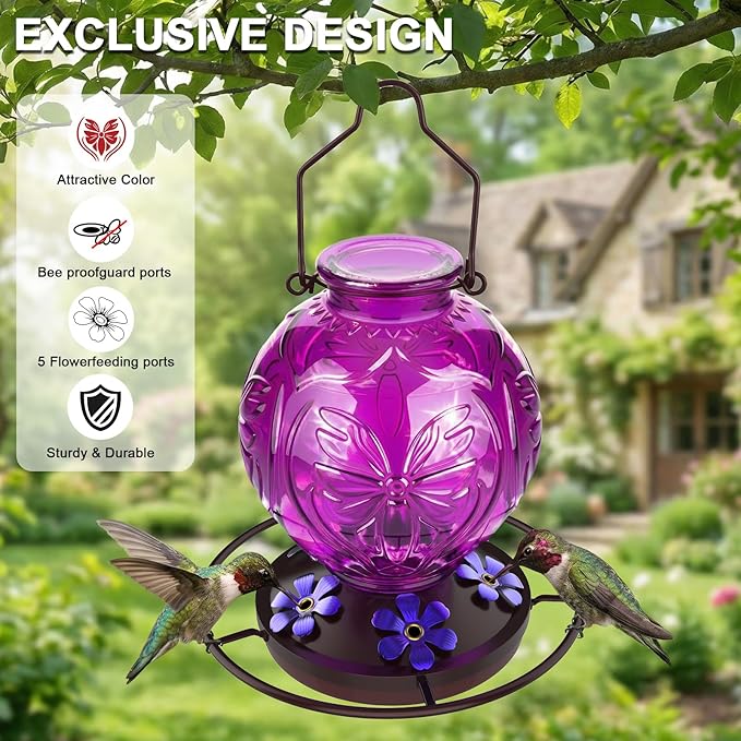 Glass Hummingbird Feeder for Outdoors Hanging, 25Oz Humming Bird Nectar Feeders with Perch & 5 Flower Feeding Ports, Leak Proof for Outside Garden Decor, Gifts for Women (Purple)