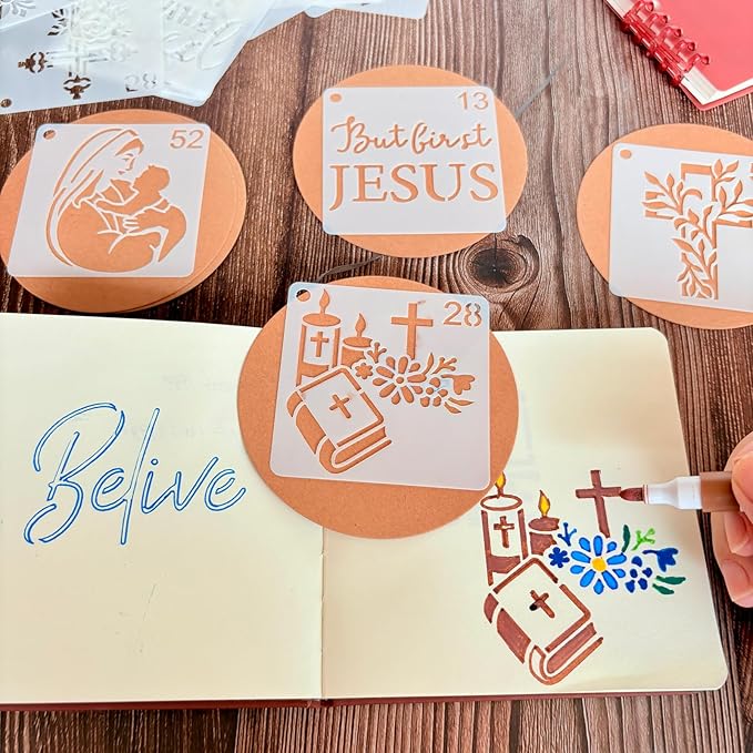 Christian Stencils for Painting, 64PCS 3x3 Inch Plastic Bible Stencils for Crafts Reusable, with Cross, Jesus, Angel & Bible Verse Designs, for DIY Wood Signs, Journaling, Card Making & Projects