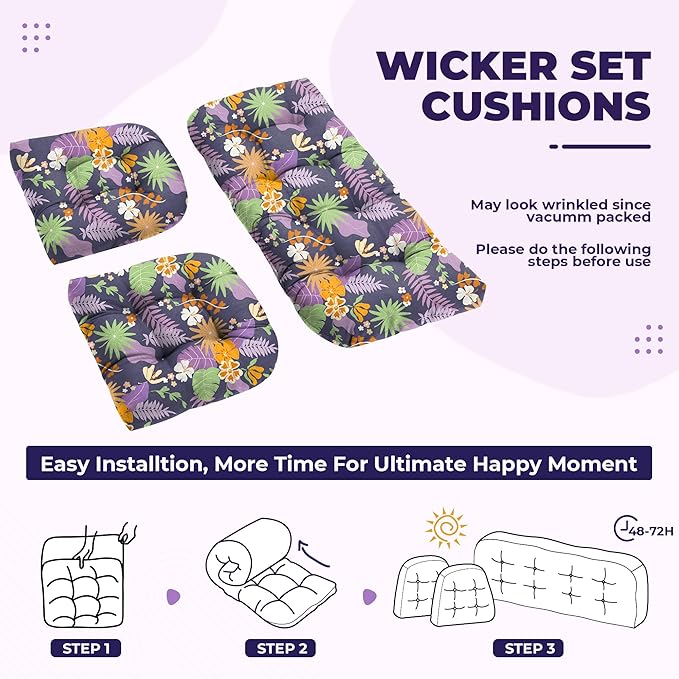 Wicker Chair Cushions, Waterproof Outdoor Loveseat Cushions for Patio Furniture, Tufted Wicker Furniture Cushions, 1 Loveseat and 2 U-Shaped Cushions (Purple Flower)