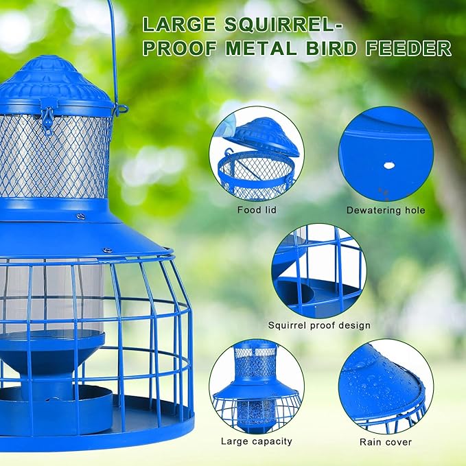 Squirrel Proof Bird Feeders, Metal Wild Bird Feeders for Outdoors Hanging, 3.5LB Heavy Duty Caged Squirrel Proof Bird Feeders, Chew-Proof, Weather Resistant, Patio Backyard Garden Decor (Blue)