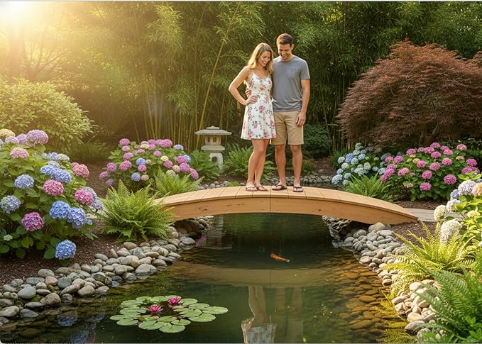 8 FT NATURAL Amish Made Pinewood Heavy Duty Garden Bridge for Walkway, Backyard Pond & Landscaping, Outdoor Wooden Footbridge for Koi Pond, Japanese Style Decorative Bridge, Made in USA