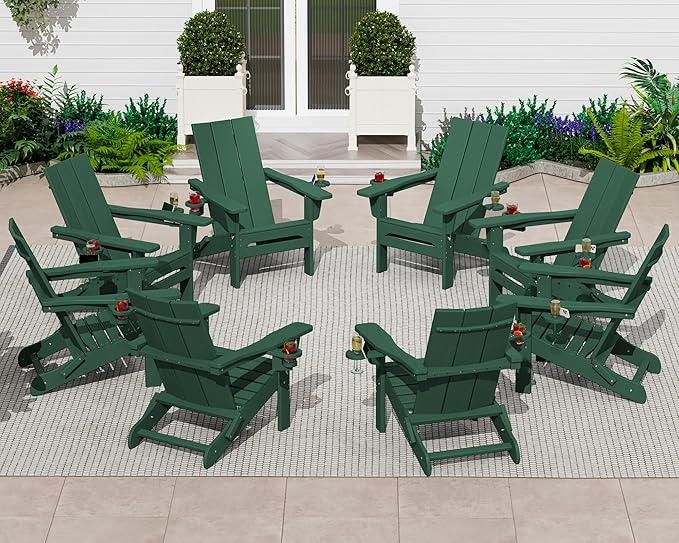 SERWALL Folding Adirondack Chair Set of 4 with Dual Cup Holders, Modern Adirondack Chairs, HDPE All-Weather Fire Pit Chairs for Outdoor, Patio, Garden, Green