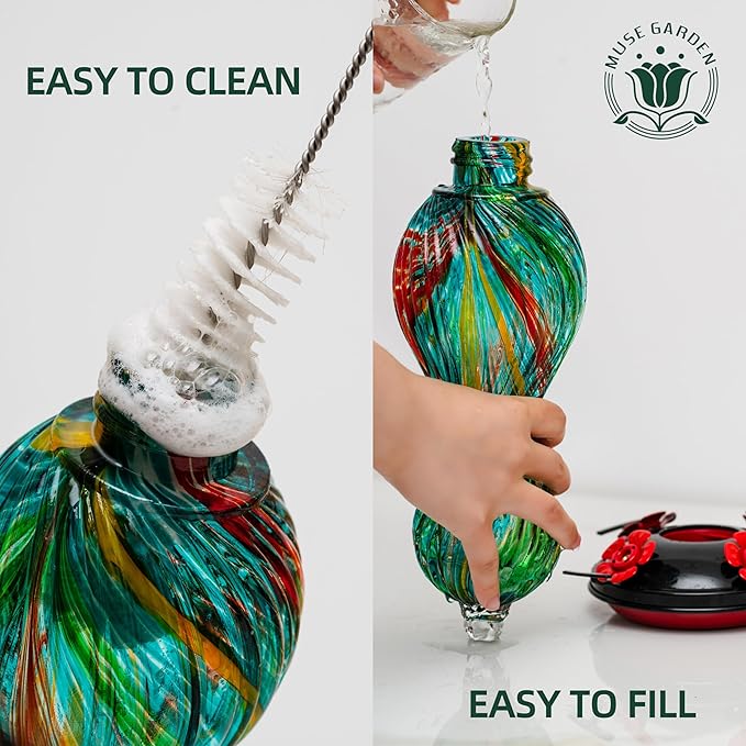 Hummingbird Feeder for Outdoors Hanging, Hand Blown Glass 24 OZ Capacity Hummingbird Bird Nectar Feeders with 4 Feeding Ports, Gifts for Women Mom Outside Garden Backyard Decor