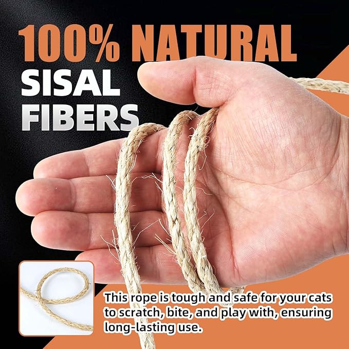 Twisted Sisal Rope 1/4" x 100ft - All Natural Chemical Free, Cat Tree Rope Twine for Scratching Post Repair, Replacement, and Crafts Gardening Home Decorating
