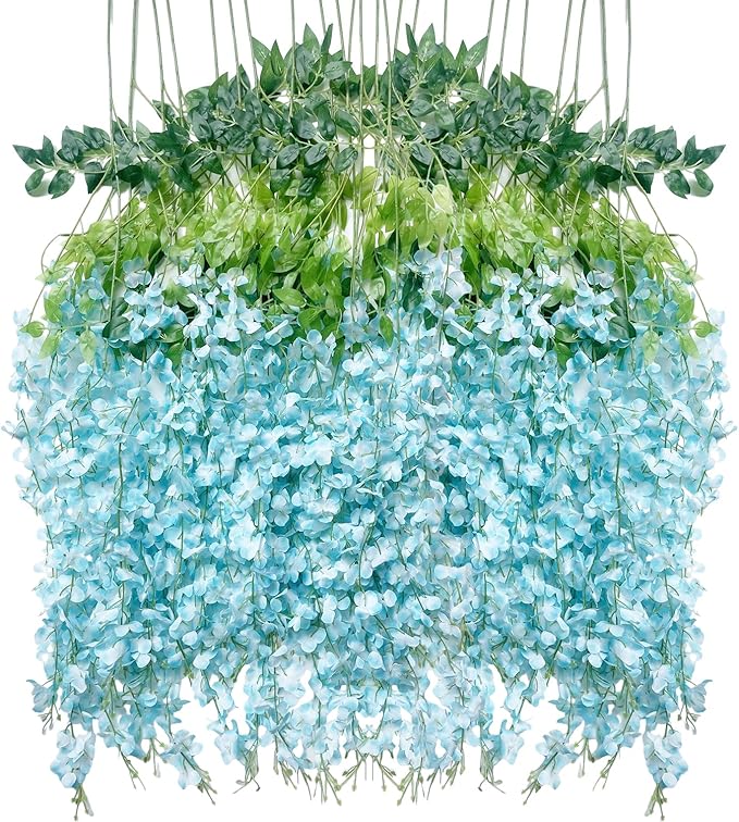 Artificial Flowers Hanging Flowers, Fake Wisteria Flower Garland Silk Vines Rattan String Decor for Home Wedding Arch Wall Garden Greenery Bedroom Outdoor Office Party Decoration (36, Blue)