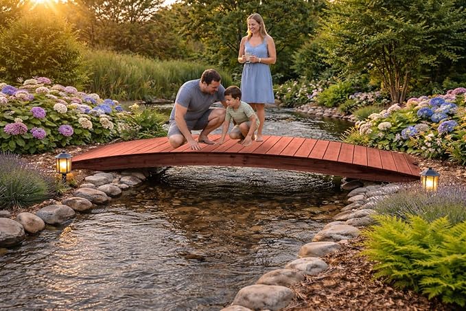 12 FT MAHOGANY Amish Made Pinewood Heavy Duty Garden Bridge for Walkway, Backyard Pond & Landscaping, Outdoor Wooden Footbridge for Koi Pond, Japanese Style Decorative Bridge, Made in USA