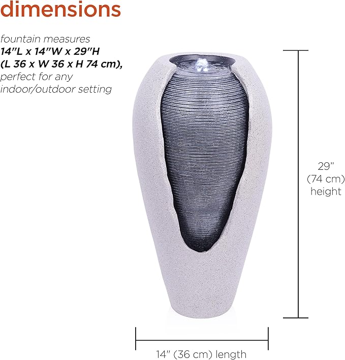 Alpine Corporation - 29" Tall Two Tone Ribbed Jar Floor Fountain with LED Lights – Elegant Indoor/Outdoor Water Feature, Easy Setup with Pump & Plug-in Design (Gray)