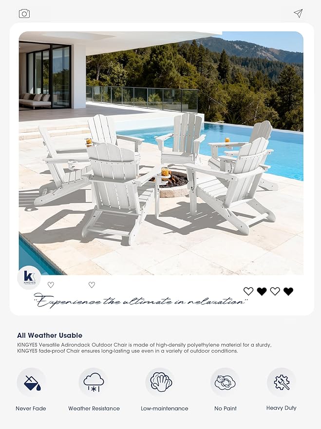 KINGYES Folding Adirondack Chair Set of 4, HDPE All-Weather Patio Chairs with Cup Holder, Wooden Textured Fire Pit Chairs for Poolside, Backyard, Deck, White