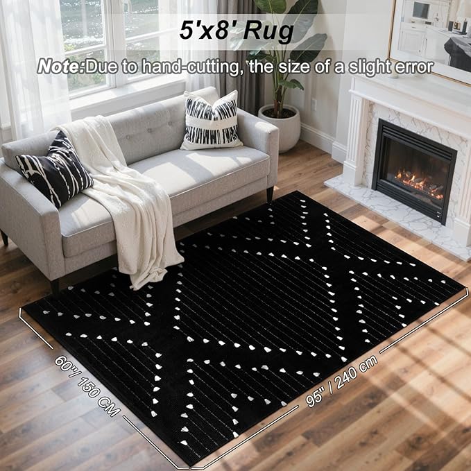 LIVEBOX Black Area Rug for Living Room 5x8, Boho Large Bedroom Washable Cotton Woven Carpet, Moroccan Indoor Thin Throw Rug for Dining Room, Home Office