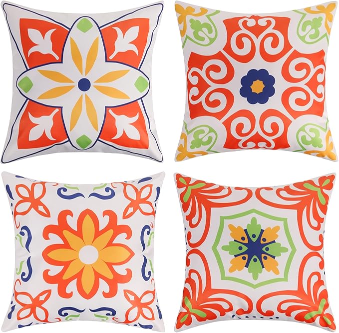 Pyonic Outdoor Waterproof Throw Pillow Covers for Patio Furniture Decorative Boho Pillow Covers 20x20 Floral Printed for Patio Tent Couch Garden Set of 4,Orange
