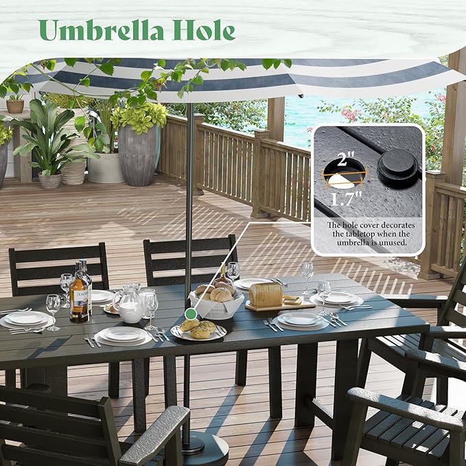 AMERLIFE 7-Piece HDPE Outdoor Dining Set with Umbrella Hole, 71" L Patio Table and Chairs Set for 6, Modern Garden Dining Set for Backyard, Poolside, Porch, Black