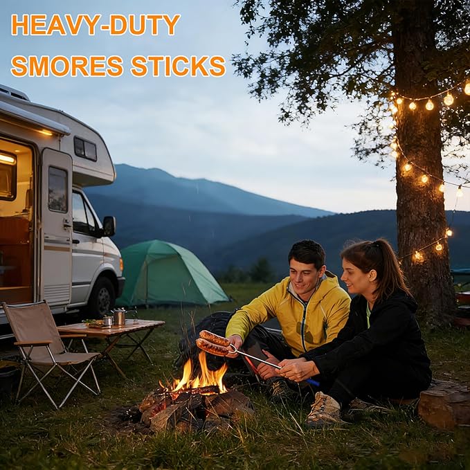 DIKER Marshmallow Roasting Sticks for Fire Pit, Smores Sticks, Hot Dog Sticks for Campfire, Extra Long 27.5" Smores Skewers, Stainless Steel Barbecue Forks, Camping Outdoor Cooking Essentials, 3 Pack