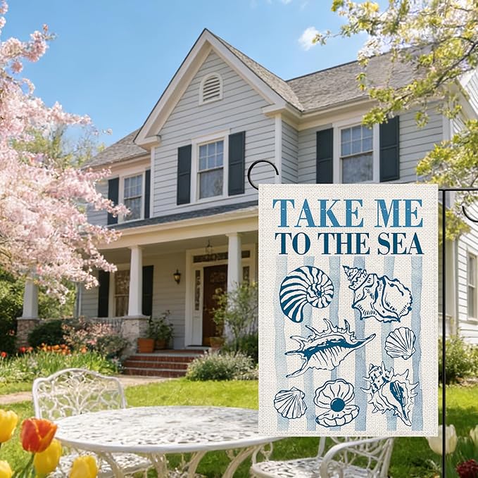 Nautical Conch Shell Decorative Garden Flag, Coastal Beach Take Me To The Sea Small Yard Outside Decorations, Summer Blue Stripes Ocean Burlap Outdoor Home Decor Double Sided 12 x 18