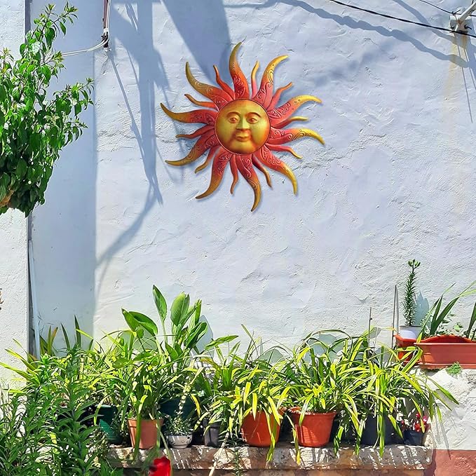 Large Metal Sun Wall Art Decor - 23.6 Inches Rustic Retro Hanging Decoration for Indoor Outdoor, Home Garden Farmhouse Yard Patio Fence Living Room Bedroom (Gold)