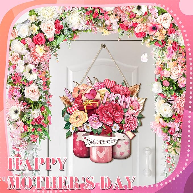 Boao Welcome Mother's Day Wooden Door Hanging Sign Pink Farmhouse Door Decor Vintage Mother's Day Wood Rose Gift Sign Rustic Wall Plaque Ornaments for Window Wall Porch