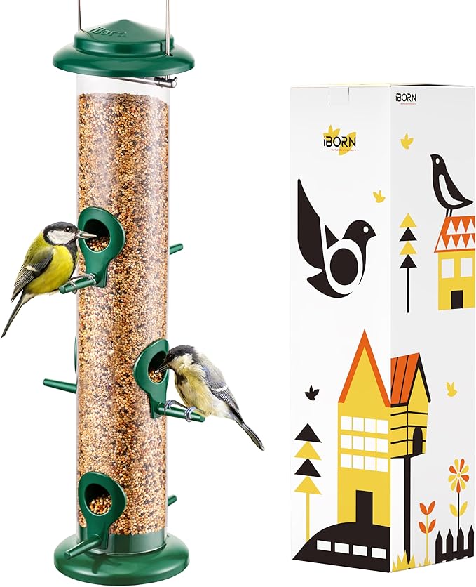 iBorn Metal Bird Feeders 6 Ports Hanging Wild Bird Seed Feeder for Mix Seed Blends, Seed Feeder, Sunflower Heart, Birdbath, Heavy Duty All Metal Green Finishing 15 Inch 6Port,Gift Box