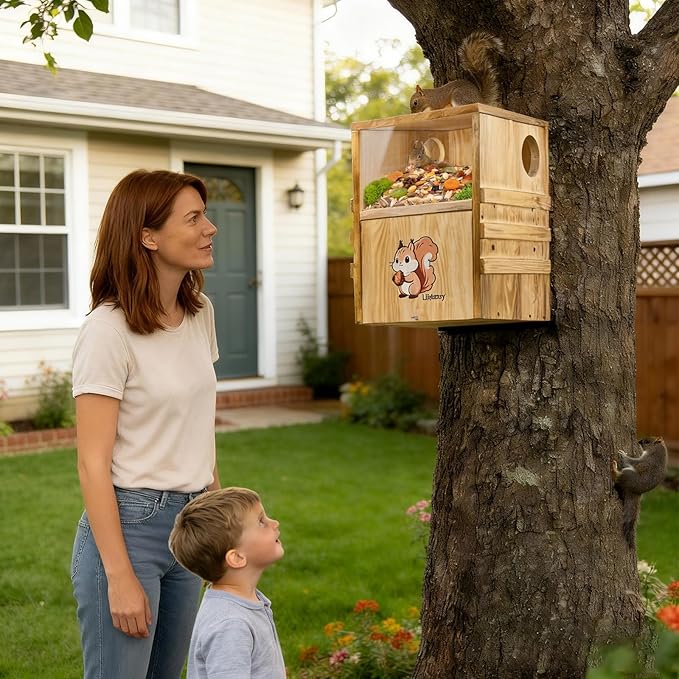Large Outdoor 2-in-1 Squirrel House and Feeder with Secure Den Box and Nesting Box, Durable Squirrel Box for Backyard, Ideal Squirrel Houses for Outside and Chipmunk House