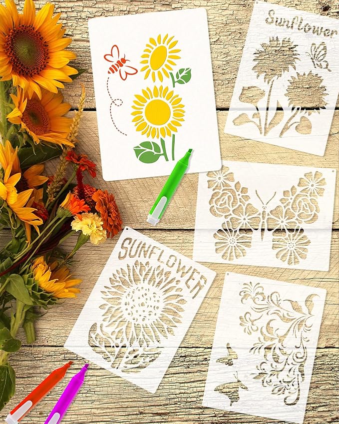 9PCS Sunflower Butterflies Stencils, Reusable PET Sun Flower Template, DIY Craft Paint Stencil with Metal Open Ring, for Painting on Wood Canvas Paper Fabric Wall Furniture, 8x11 Inches
