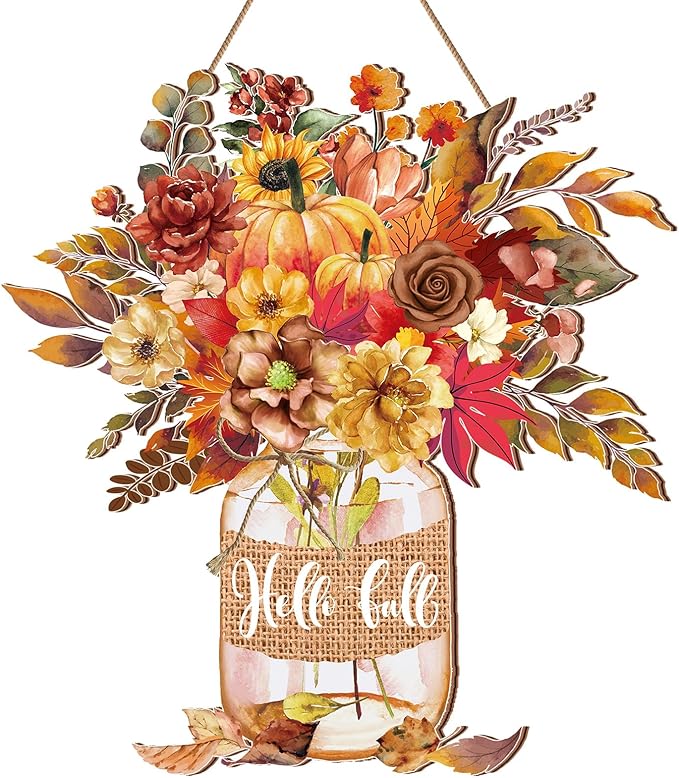 Boao Thanksgiving Welcome Door Sign Gnome Hanging Decor Fall Wooden Sign Autumn Door Decorations Pumpkin Maple Leaves Wood Hanger for Outdoor Farmhouse Front Porch