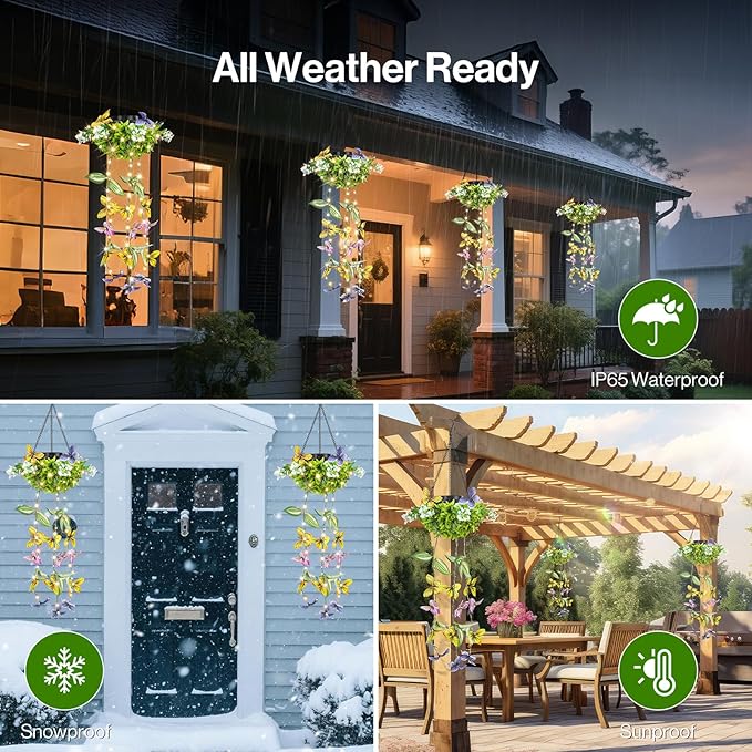 Colorful Solar Butterfly Lights for Garden, 2 Pack Hanging Lights with Fluttering Butterflies & Flowers, IP65 Waterproof Outdoor String Lights for Patio, Birthday & Kids Play Area